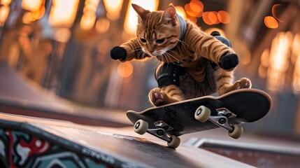 Feline Freerider Adventurous Cat Skateboarding in Urban Skatepark with Dynamic Composition and Cinematic Lighting - obrazy, fototapety, plakaty