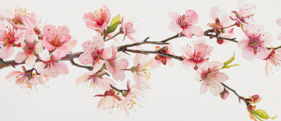 tree branch full of blooming pink peach sakura cherry blossom flowers on white background