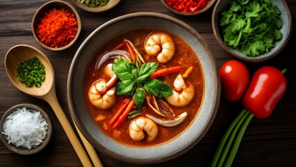  Delicious seafood soup with fresh herbs and spices - obrazy, fototapety, plakaty
