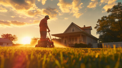 A ultra realistic image of a man mowing the lawn in front of a house during a summer evening - obrazy, fototapety, plakaty