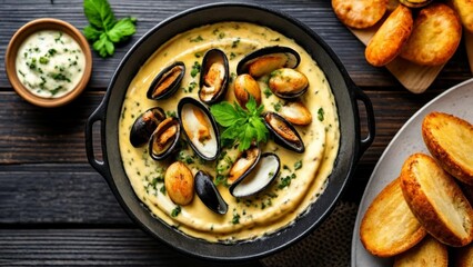  Delicious seafood dish with creamy sauce and crispy bread