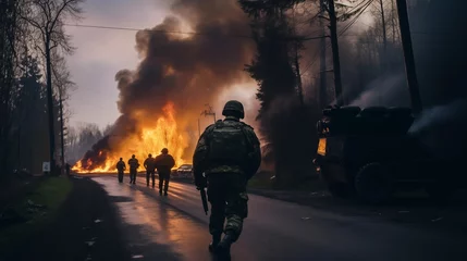 Fototapeten Soldiers make their way through destroyed buildings. There's destruction and fire everywhere © Sergey