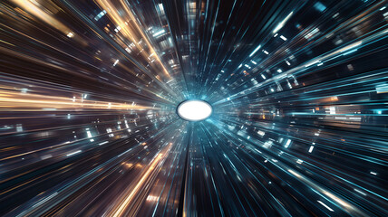 Warp speed through a portal with a transparent opening the center; worm hole concept.