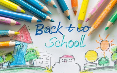 Naklejka premium Back to school handwriting on white paper with color pencils