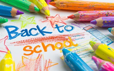 Obraz premium Back to school handwriting on white paper with color pencils