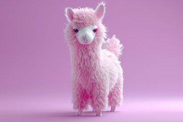 Fototapeta premium Cute and fluffy 3D cartoon alpaca, on a pastel purple background, bright colors, playful stance