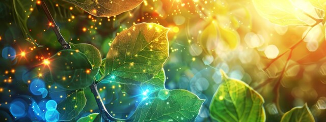 A colorful background depicting the process of photosynthesis, with sunlight interacting with plant leaves and generating energy.