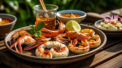  Delicious seafood feast on a rustic wooden table - obrazy, fototapety, plakaty