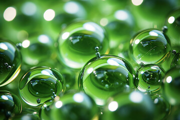 Smooth water surface and bubbles on green background, cosmetic ingredient molecules concept illustration