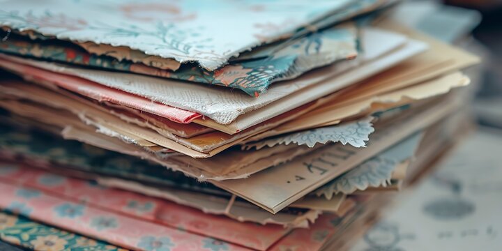 Invitations stacked and ready to send, close-up, artistic design, soft focus