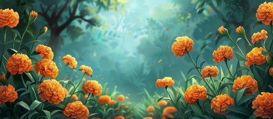 Fototapeta na wymiar An artistic portrayal of vibrant orange flowers blooming amidst the lush greenery of a forest