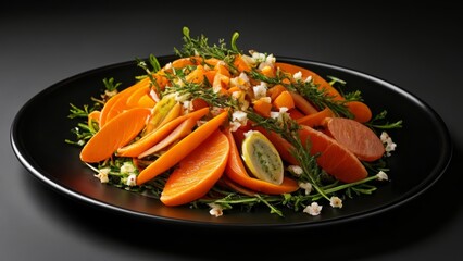  Freshly sliced carrots and oranges with a sprinkle of herbs