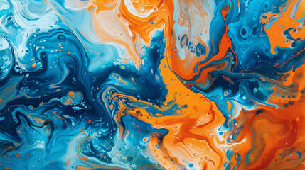 Orange and blue paint swirls on a textured canvas.