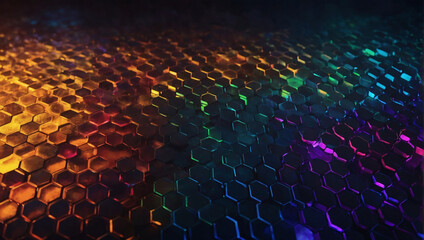 A dynamic abstract background composed of hexagon patterns illuminated by pixelated lights, forming a mesmerizing prism of colors. - obrazy, fototapety, plakaty
