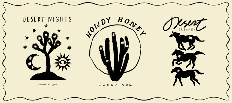 Set of cowboys design print elements. Horse, cactus and tree