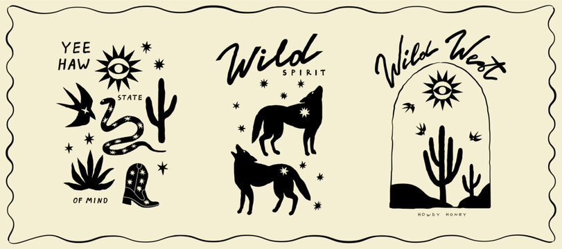 Set of cowboys design print elements. Coyotes, cactus and snake