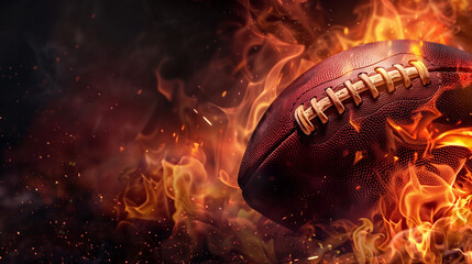 American football ball on fire isolated on black background with copy space, mockup design template for American sport event or wallpaper concept. Fire. Flight of American football ball through dark