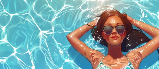 Girl in bikini relaxing by the poolside while wearing stylish sunglasses on a sunny day - obrazy, fototapety, plakaty