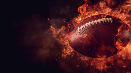 American football ball on fire isolated on black background with copy space, mockup design template...