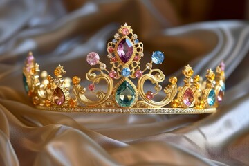 Sparkling Beautiful gold tiara with gems. Royalty golden majestic luxury crown. Generate ai