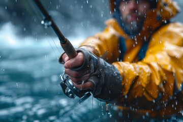 Closeup of a fisherman's hands in a yellow raincoat, firmly gripping a fishing rod, amidst rain - obrazy, fototapety, plakaty