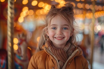A cheerful little girl in a winter coat enjoying a merry-go-round ride at a fair