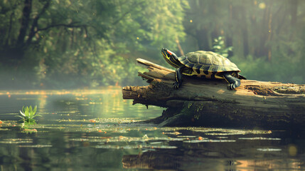 A turtle standing on a tree log - Powered by Adobe