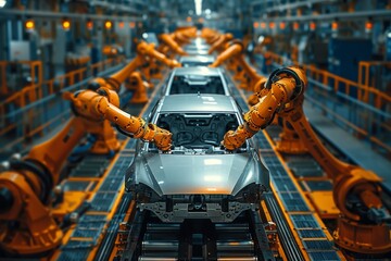 Precision robot arms working together to assemble a car chassis in a high-tech automotive manufacturing plant - obrazy, fototapety, plakaty