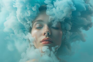 A serene woman's face is framed by gentle clouds of blue smoke, portraying calmness and tranquility