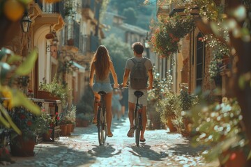 An evocative image featuring a couple biking leisurely on a cobblestone street in a charming old...
