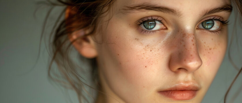 Face of attractive teenage girl without makeup with good skin, beautiful blue eyes and few freckles is looking at the front camera created with Generative AI Technology