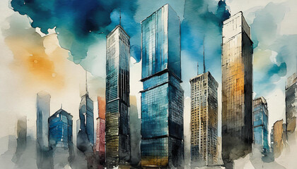 Watercolor painting of skyscrapers with abstract grunge. Modern buildings. Travel sketch. Hand drawn