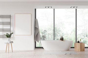 White bathroom interior with tub and poster - obrazy, fototapety, plakaty
