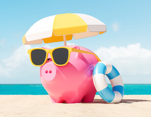Piggy bank on the beach in eyeglasses, saving money on budget vacation
