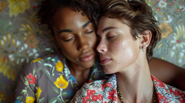A mix LGBTQ+ couple cudding together, pride month theme