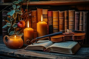 Antiquated Vintage instruments candles books. Incredible and artistic objects bathed glowing light....