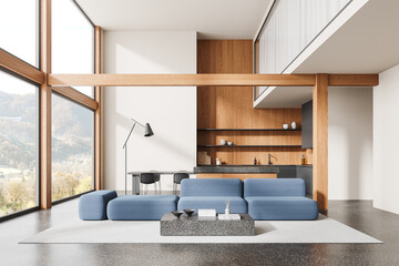 Stylish hotel studio interior with relaxing and dining space, panoramic window
