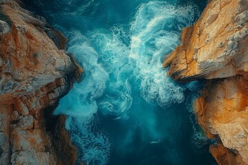 A dramatic aerial perspective of vivid blue ocean waves colliding with the rugged cliffs under a...