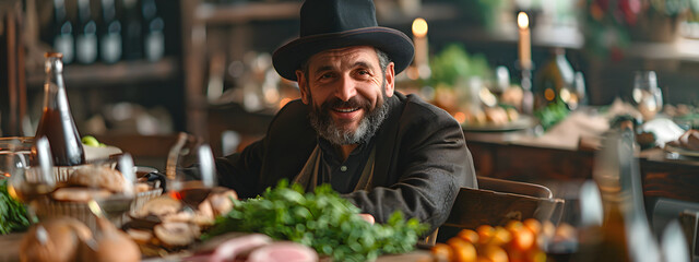 Family Passover dinner seder. Jewish man with kippah sitting at festive table with traditional food. Jewish family celebrate Hanukkah, Shavuot. Bat and Bar Mitzvah - obrazy, fototapety, plakaty