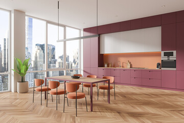 Pink home kitchen interior with eating table and chairs, panoramic window