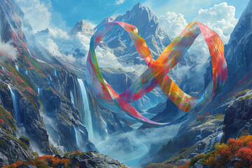 Compose an image where a colorful ribbon knot is suspended in mid-air, surrounded by a surreal landscape of towering mountains and cascading waterfalls, creating a sense of awe and majesty