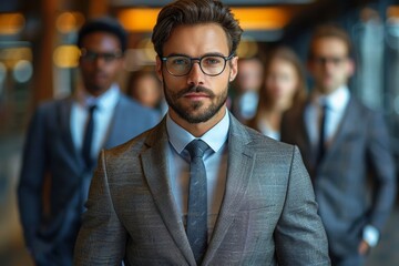 A business professional gazes confidently at the camera, with a sharp-dressed team in the soft-focus