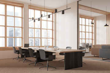 Stylish office interior with meeting and relaxing room, panoramic window