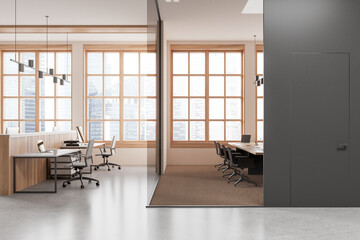 Workplace interior with coworking and glass conference room, panoramic window