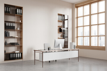 Stylish office interior with workplace, pc computer and window. Mock up wall - 783751386