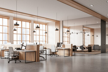Office interior with coworking and glass conference space, panoramic window