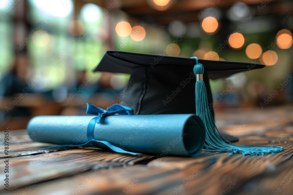 Wall mural Close-up of a graduation cap with blue tassel resting on a wooden table, highlighting achievement and the end of an educational journey - Wall murals