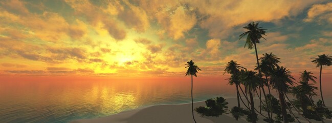 Beautiful beach with palm trees at sunset, panorama of a tropical landscape, sea sunset,
3d rendering - 783751540