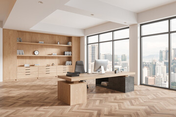 Cozy ceo business interior with work desk, pc desktop and shelf near window