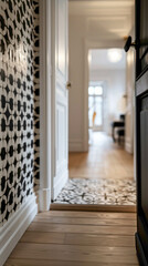 Close-up of a geometric-patterned wallpaper in a hallway, scandinavian style interior